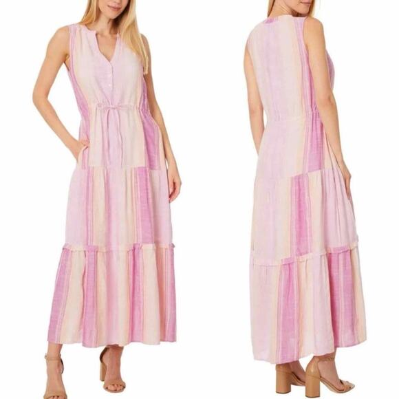 Liverpool Los Angeles V-Neck Sleeveless Tiered Striped Maxi Dress Small - Picture 7 of 11